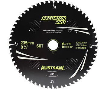 AUSTSAW TIMBER BLADE 235MM X 25 BORE X 60 T THIN KERF 
